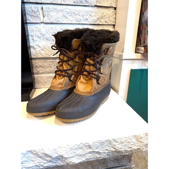 VINTAGE Badger Sorel Women’s Snow Boots Size 7 Brown Leather Waterproof Faux Fur - Picture 2 of 8